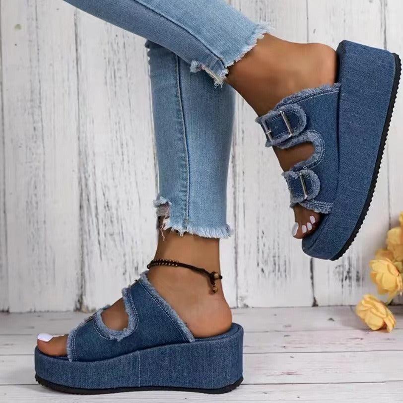 Fashion Denim Buckle Wedges Sandals Summer Outdoor High Heel Slippers Thick Bottom Camouflage Shoes For Women - fadidesign