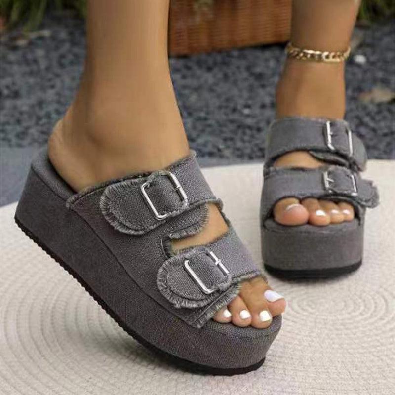 Fashion Denim Buckle Wedges Sandals Summer Outdoor High Heel Slippers Thick Bottom Camouflage Shoes For Women - fadidesign