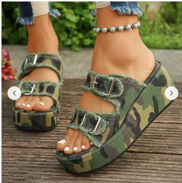 Fashion Denim Buckle Wedges Sandals Summer Outdoor High Heel Slippers Thick Bottom Camouflage Shoes For Women - fadidesign