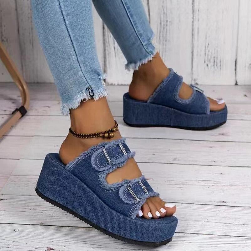 Fashion Denim Buckle Wedges Sandals Summer Outdoor High Heel Slippers Thick Bottom Camouflage Shoes For Women - fadidesign