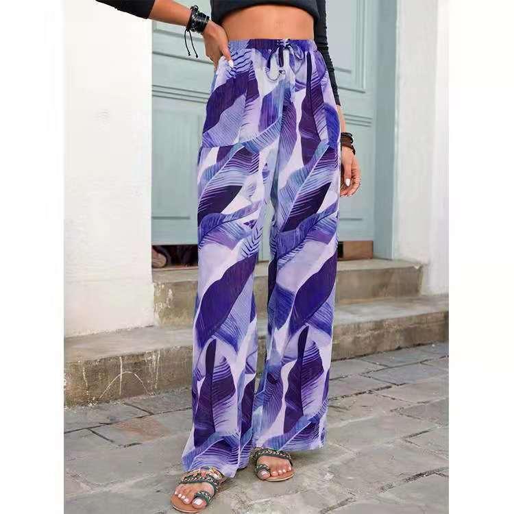 Fashion Drawstring Leaf Print Beach Pants Summer Casual Loose Wide Leg Straight Trousers Womens Clothing - fadidesign