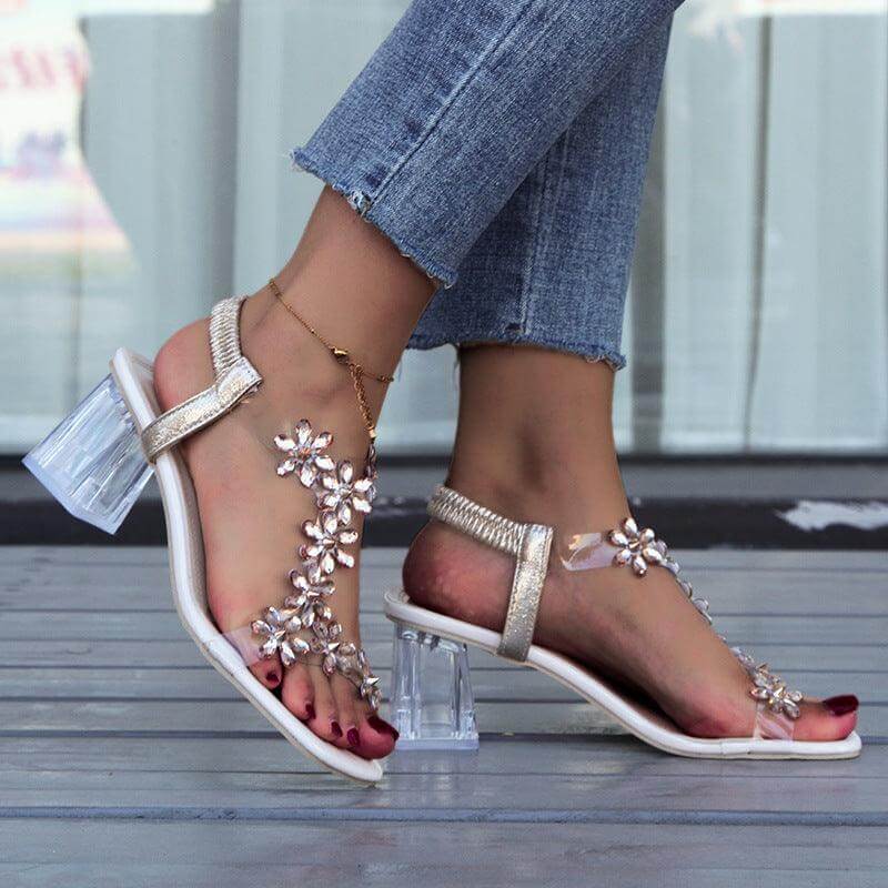 Fashion flower sandals with transparent square heel, stylish fish mouth toe design, comfortable PU material, casual summer shoes.