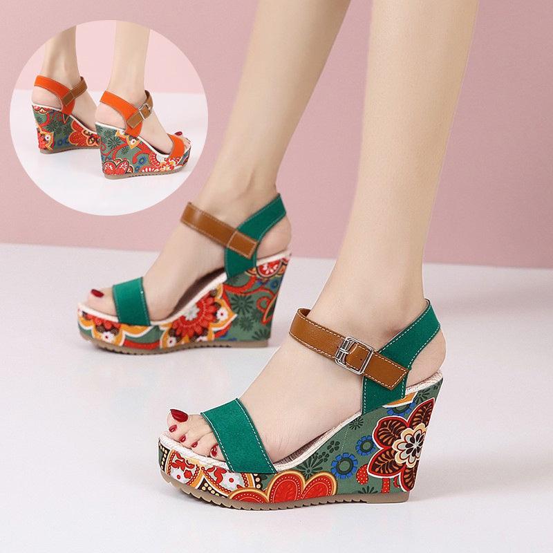 Fashion Flowers Embroidered High Wedge Sandals For Women Summer Toe Platform Buckle Shoes - fadidesign