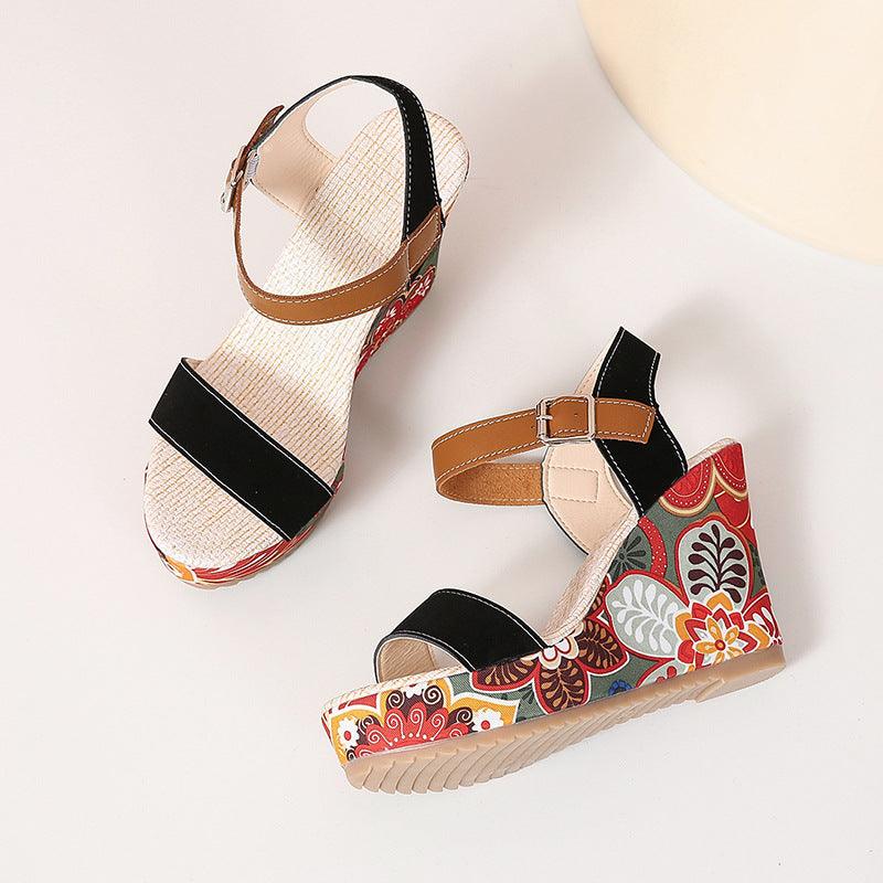 Fashion Flowers Embroidered High Wedge Sandals For Women Summer Toe Platform Buckle Shoes - fadidesign