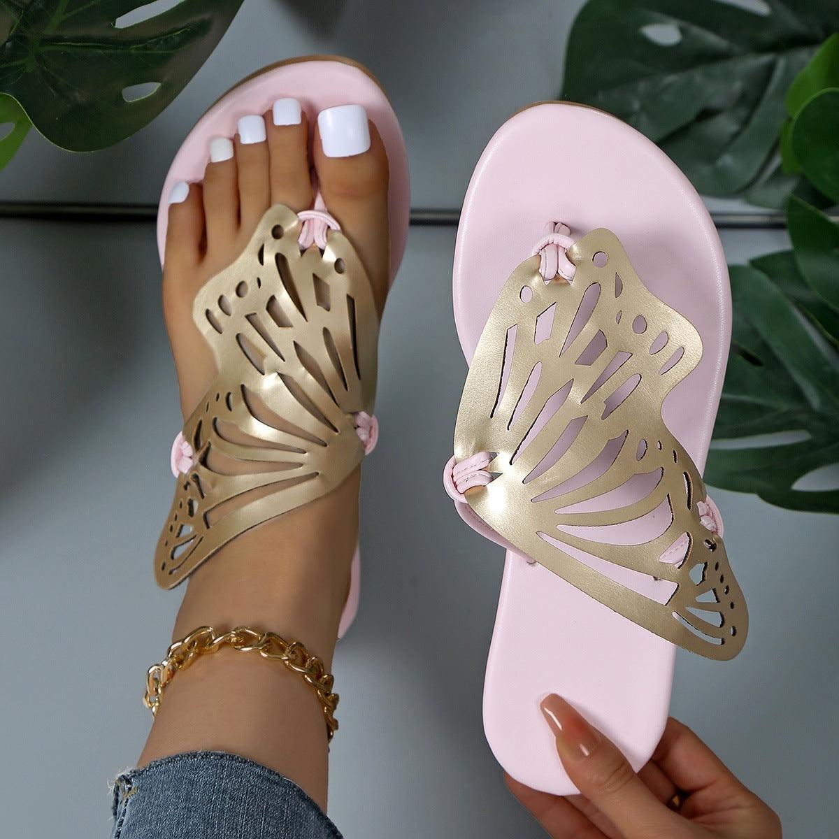 Fashion Hollow Butterfly Flip-Flops Summer Sandals For Women Casual Beach Shoes New Low Heel Flat Slides Slippers - fadidesign