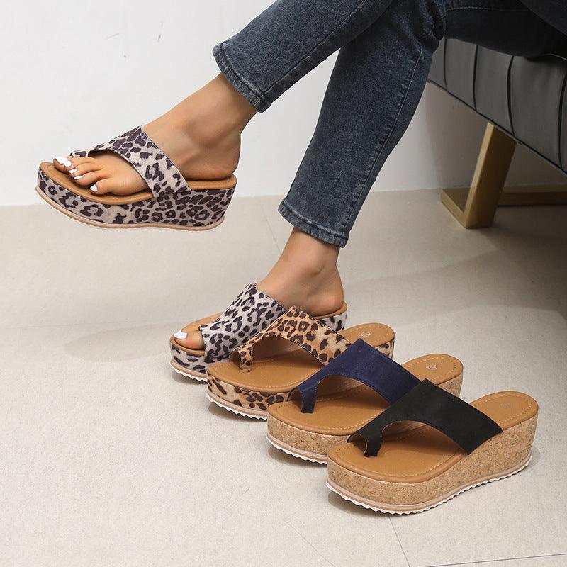 Fashion Leopard Print Wedge Slippers For Women New Thick-sole High Heel Flip Flops Shoes Summer Outdoor Slippers - fadidesign