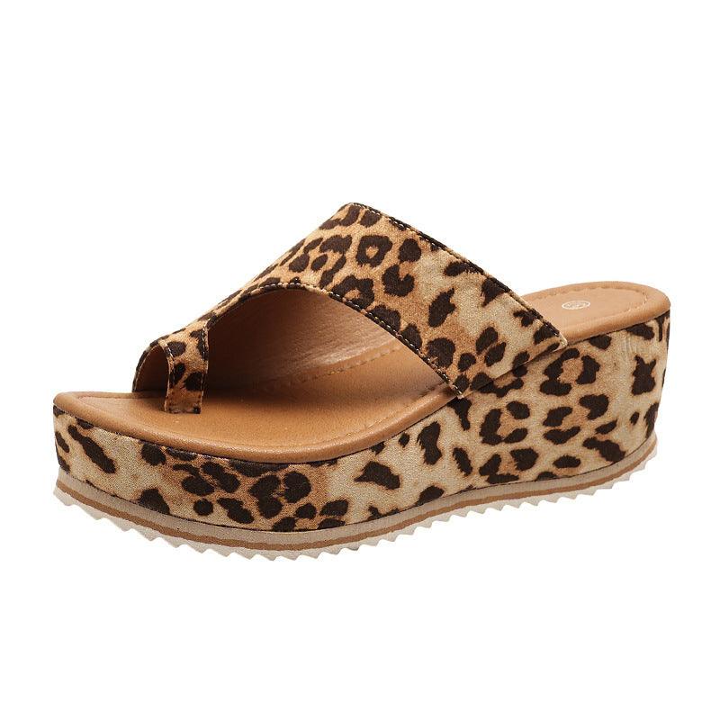 Fashion Leopard Print Wedge Slippers For Women New Thick-sole High Heel Flip Flops Shoes Summer Outdoor Slippers - fadidesign