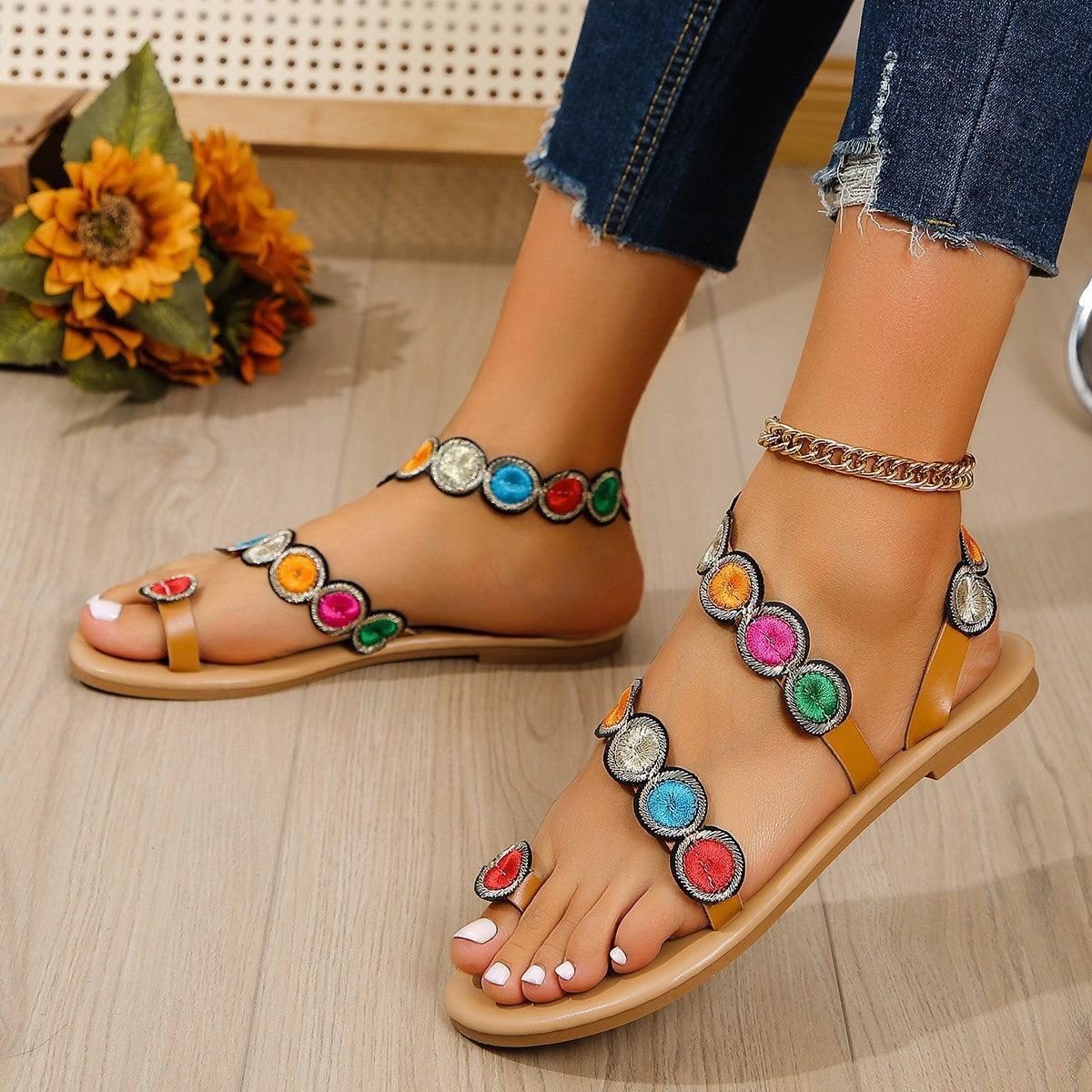 Fashion Peacock Embroidery Pattern Flat Sandals Summer Vacation Casual Clip Toe Beach Shoes For Women - fadidesign