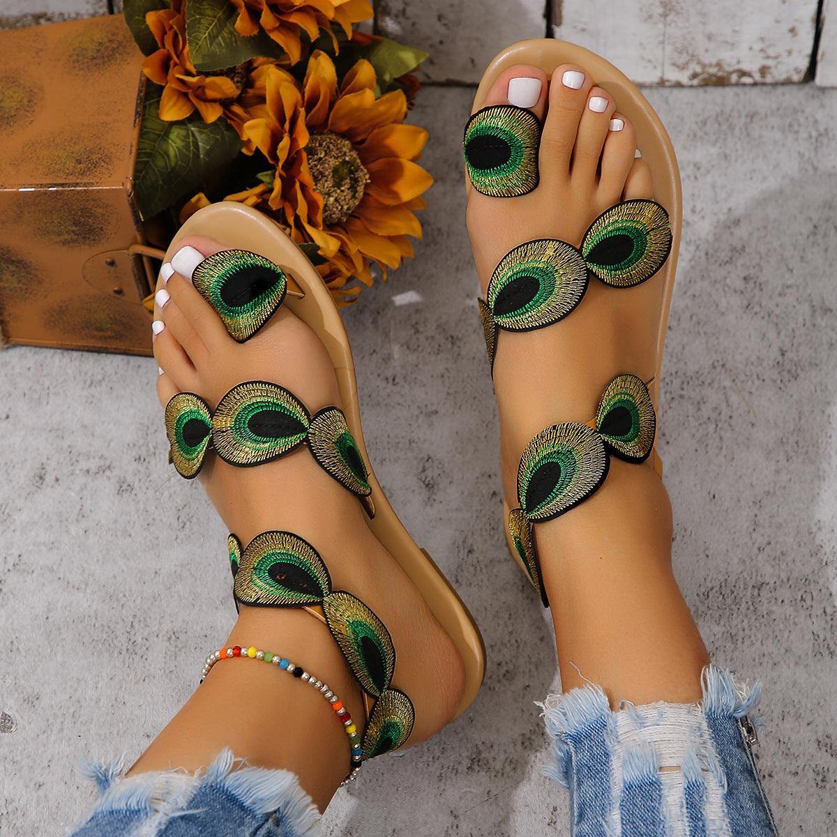 Fashion Peacock Embroidery Pattern Flat Sandals Summer Vacation Casual Clip Toe Beach Shoes For Women - fadidesign