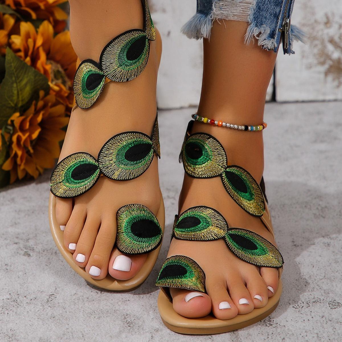 Fashion Peacock Embroidery Pattern Flat Sandals Summer Vacation Casual Clip Toe Beach Shoes For Women - fadidesign