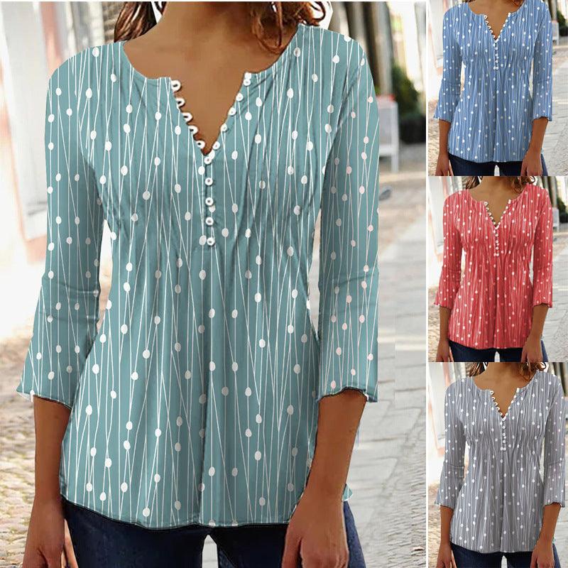 Fashion Printed Long Sleeved Shirt V-neck Blouses Ladies - fadidesign