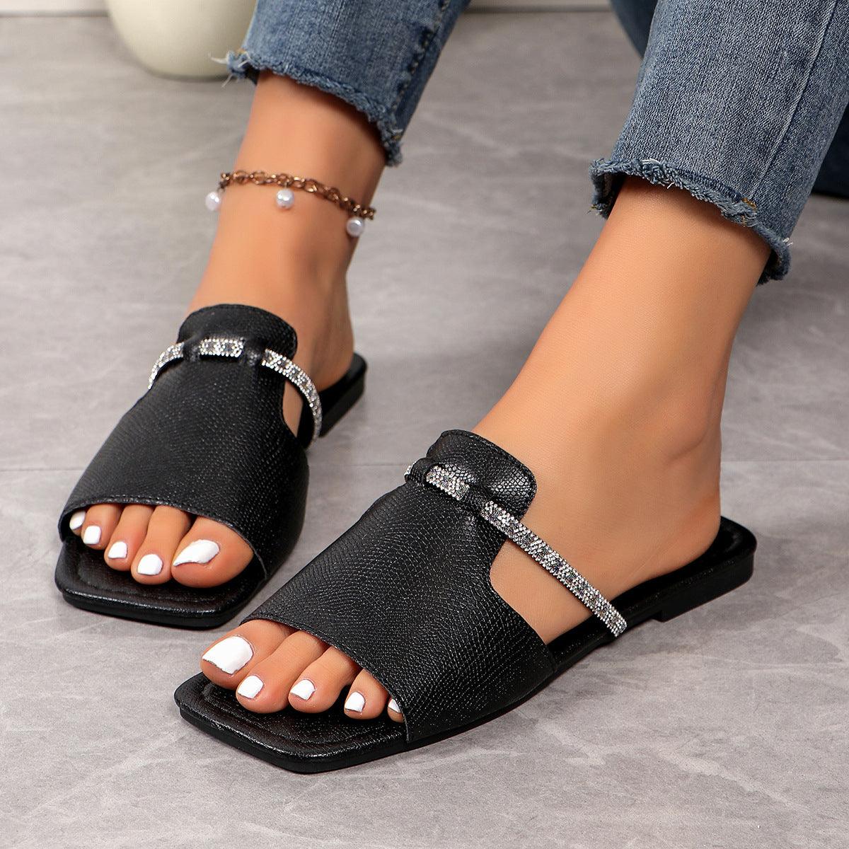 Fashion Rhinestone Strap Design Sandals Summer New Square Toe Low Heel Slippers For Women Slides Casual Beach Shoes - fadidesign