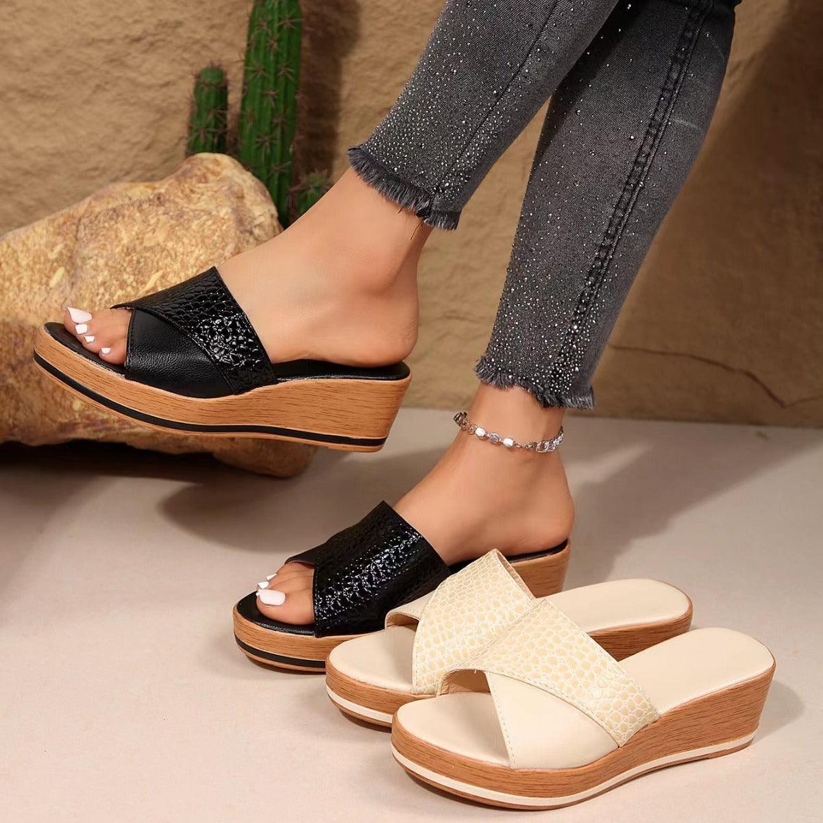 Fashion Snake-texture Wedges Sandals Summer Casual Peep-toe Thick Sole Heightening Slippers Outdoor Slides Shoes Women - fadidesign