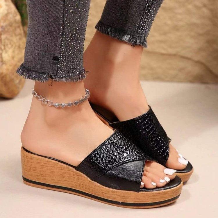 Fashion Snake-texture Wedges Sandals Summer Casual Peep-toe Thick Sole Heightening Slippers Outdoor Slides Shoes Women - fadidesign