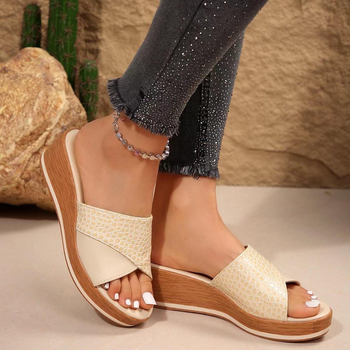 Fashion Snake-texture Wedges Sandals Summer Casual Peep-toe Thick Sole Heightening Slippers Outdoor Slides Shoes Women - fadidesign