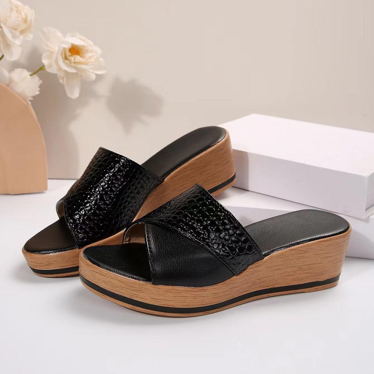 Fashion Snake-texture Wedges Sandals Summer Casual Peep-toe Thick Sole Heightening Slippers Outdoor Slides Shoes Women - fadidesign