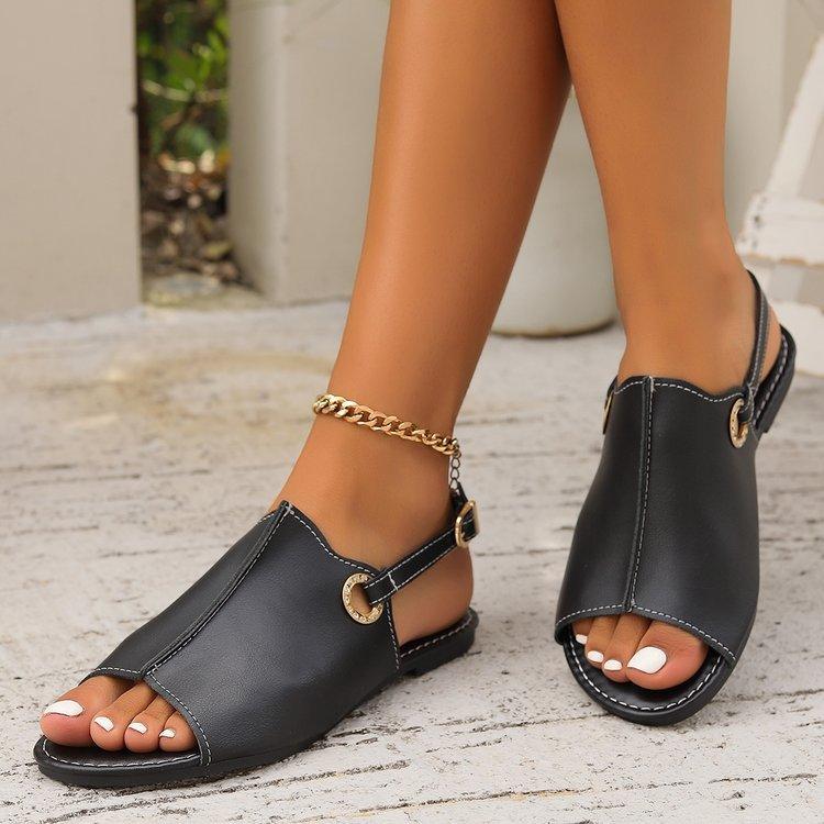 Fashion Solid Peep-toe Sandals With Back-srtap Summer Casual Outdoor Buckle Flats Beach Shoes For Women - fadidesign