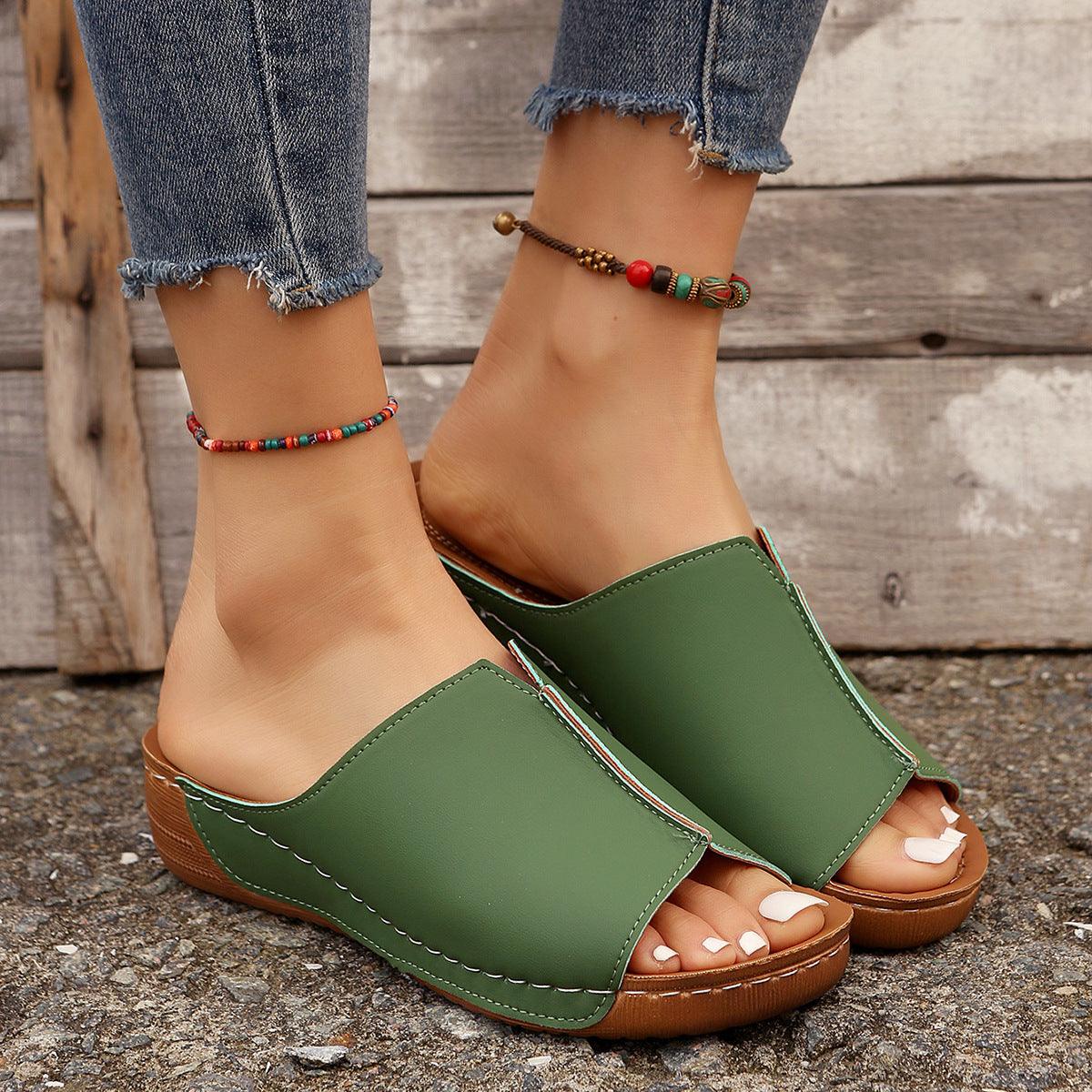 Fashion Solid Wedges Sandals Summer Casual Peep-toe Slippers Outdoor Thick Sole Heightening Slides Shoes Women - fadidesign