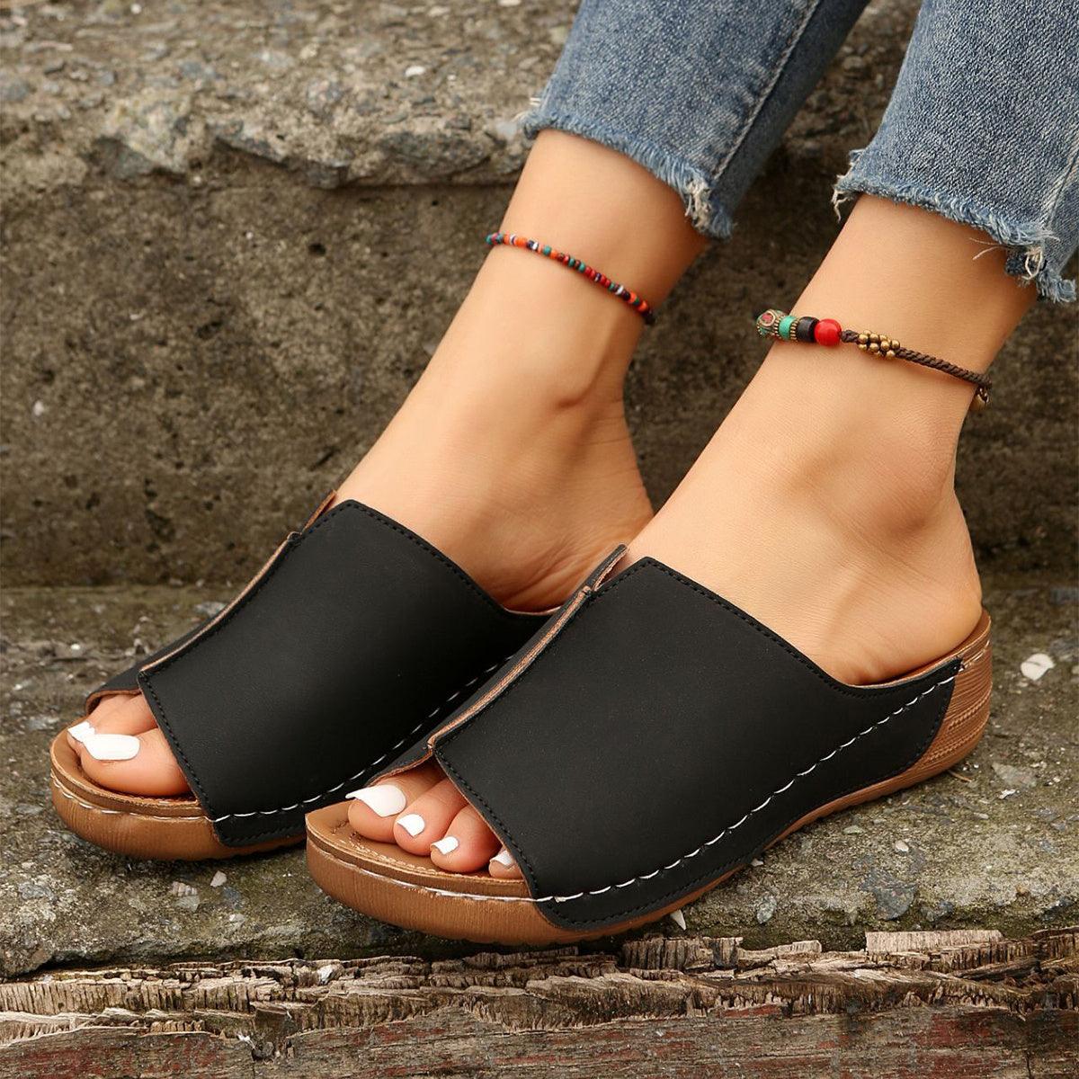 Fashion Solid Wedges Sandals Summer Casual Peep-toe Slippers Outdoor Thick Sole Heightening Slides Shoes Women - fadidesign