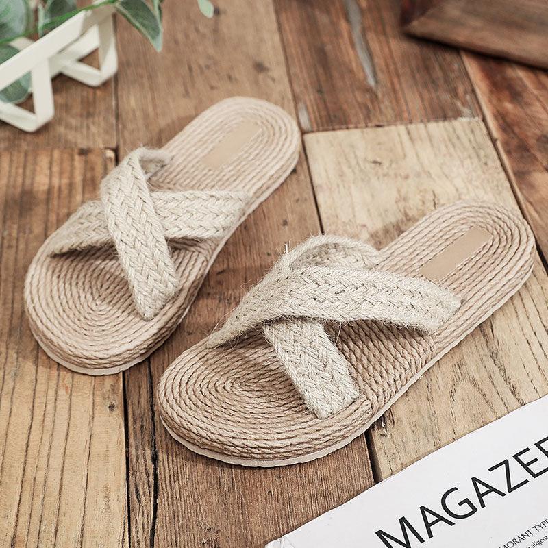 Fashion Straw Woven Flat Heel Women Slippers - fadidesign