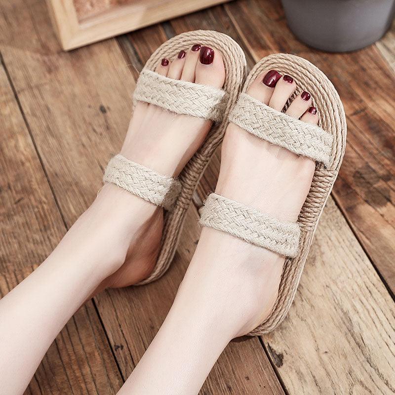 Fashion Straw Woven Flat Heel Women Slippers - fadidesign