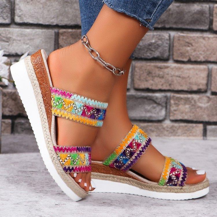 Fashion Wavy Pattern Woven Sandals Summer Casual Ethnic Style Slippers Linen Bottom Wide Strap Wedges Shoes For Women - fadidesign