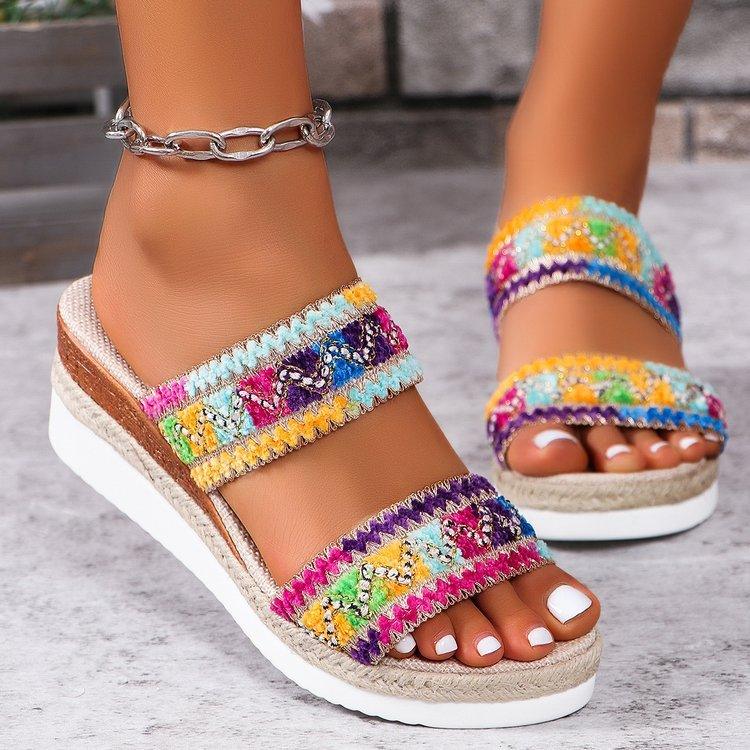 Fashion Wavy Pattern Woven Sandals Summer Casual Ethnic Style Slippers Linen Bottom Wide Strap Wedges Shoes For Women - fadidesign