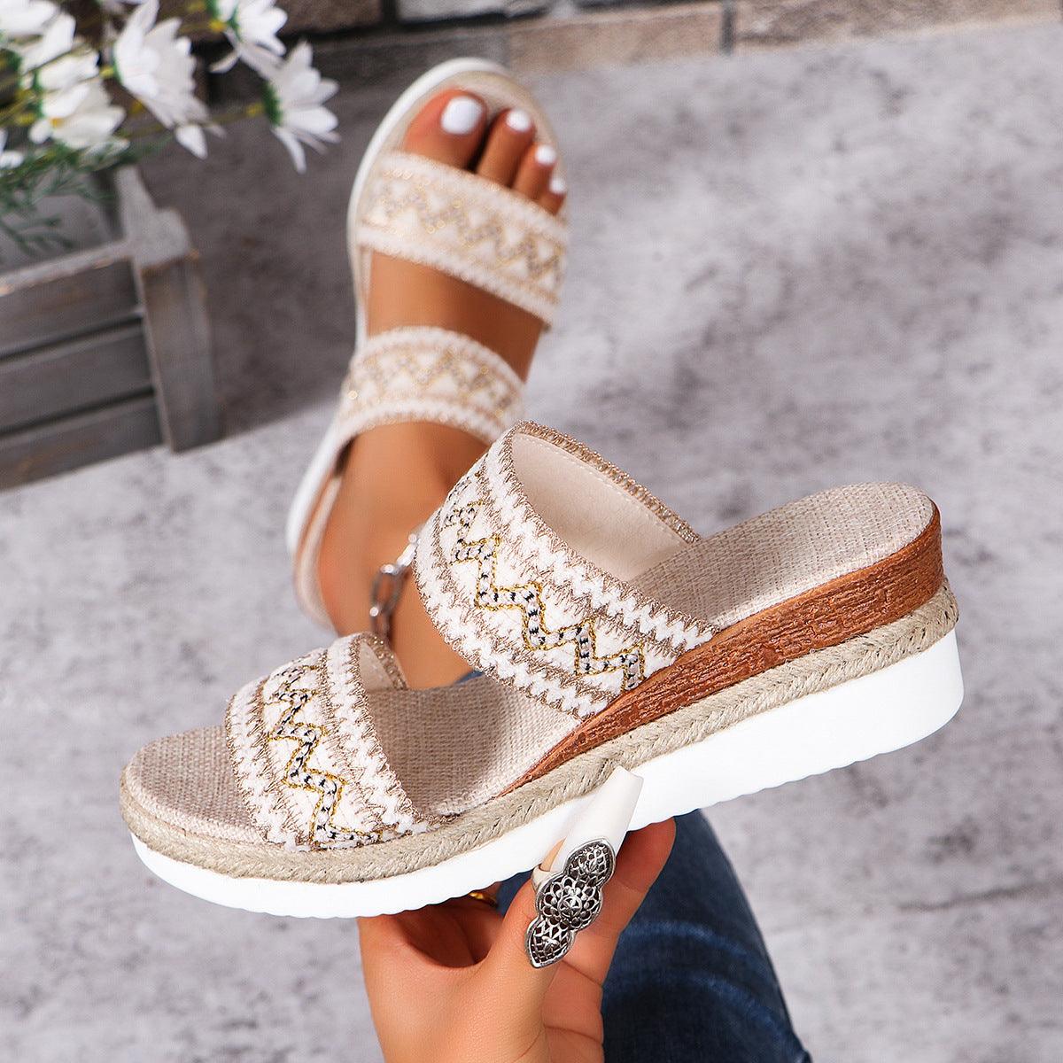 Fashion Wavy Pattern Woven Sandals Summer Casual Ethnic Style Slippers Linen Bottom Wide Strap Wedges Shoes For Women - fadidesign