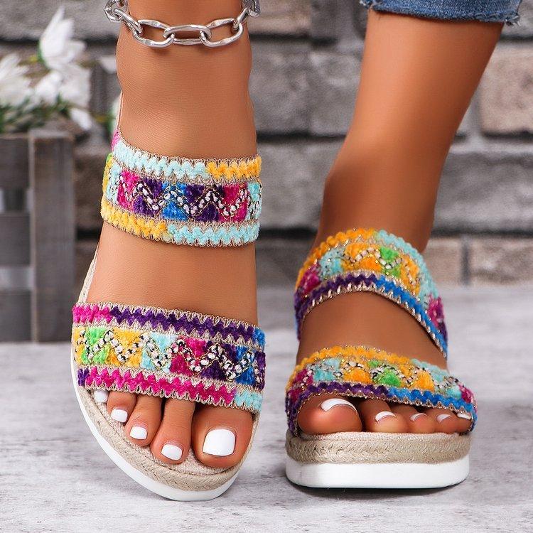 Fashion Wavy Pattern Woven Sandals Summer Casual Ethnic Style Slippers Linen Bottom Wide Strap Wedges Shoes For Women - fadidesign