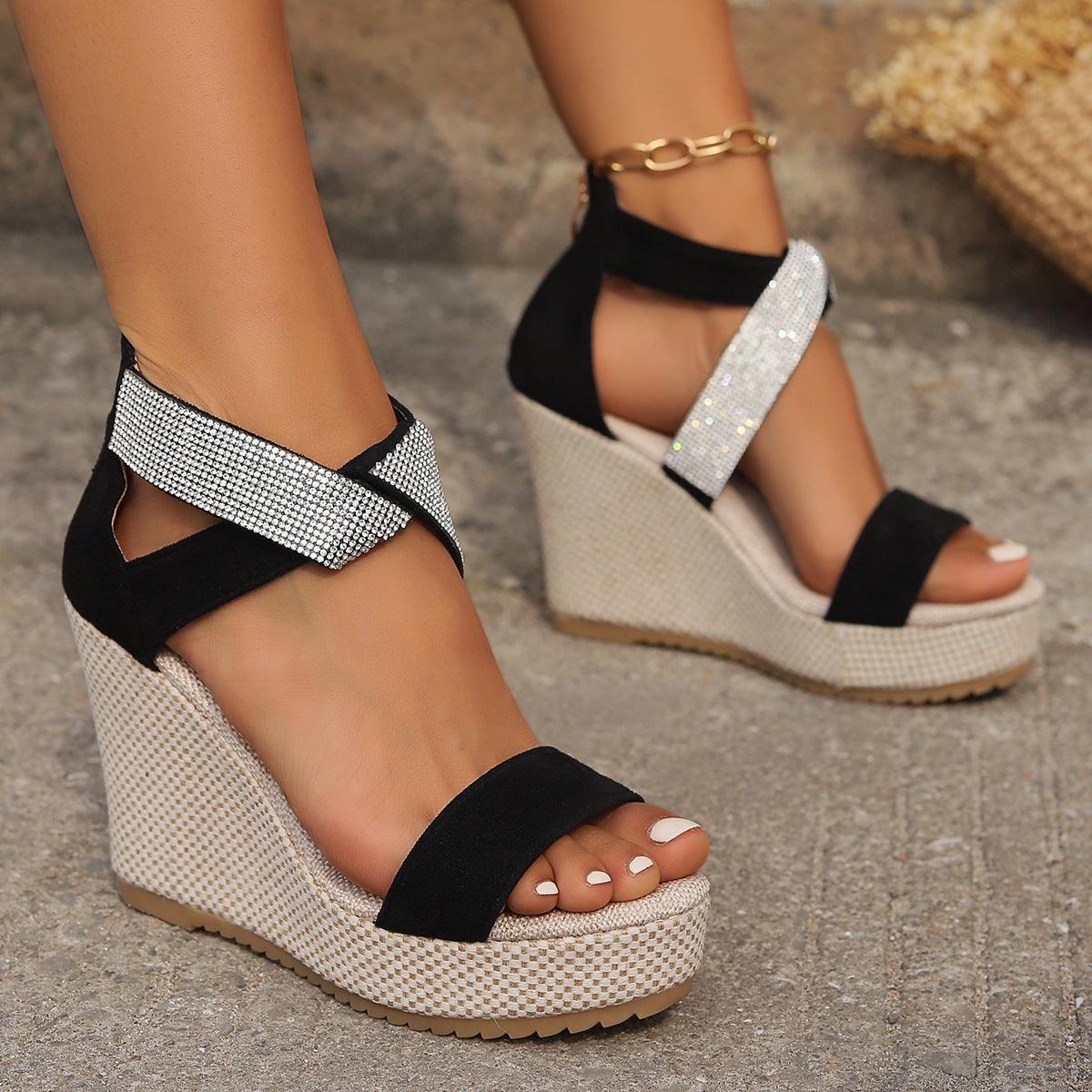 Fish Mouth High Wedges Sandals With Rhinestone Design Fashion Summer Platform Shoes For Women - fadidesign