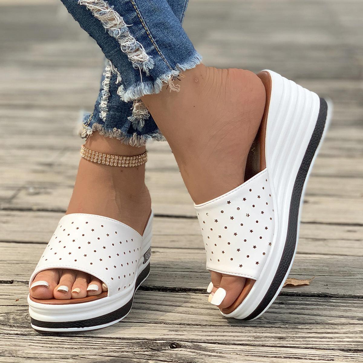 Fish Mouth Wedges Sandals Summer Fashion Hollow Design High Heels Slides Slippers Casual Beach Shoes For Women - fadidesign