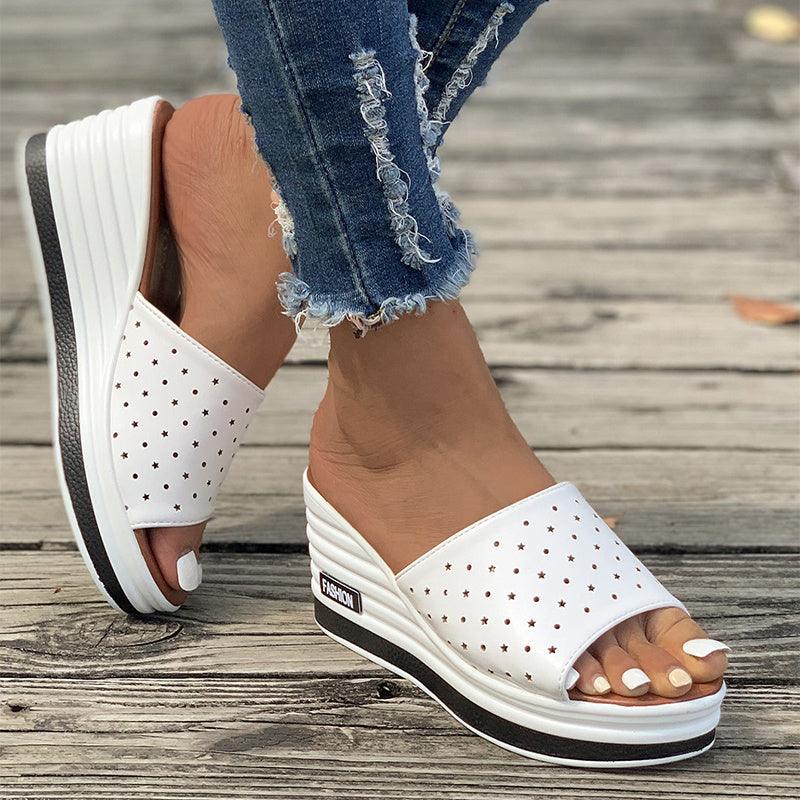 Fish Mouth Wedges Sandals Summer Fashion Hollow Design High Heels Slides Slippers Casual Beach Shoes For Women - fadidesign