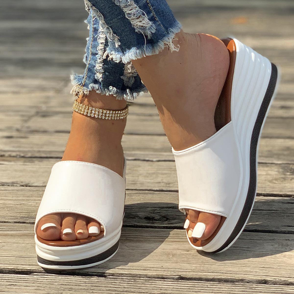 Fish Mouth Wedges Sandals Summer Fashion Hollow Design High Heels Slides Slippers Casual Beach Shoes For Women - fadidesign