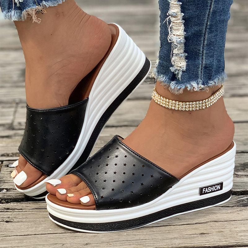 Fish Mouth Wedges Sandals Summer Fashion Hollow Design High Heels Slides Slippers Casual Beach Shoes For Women - fadidesign