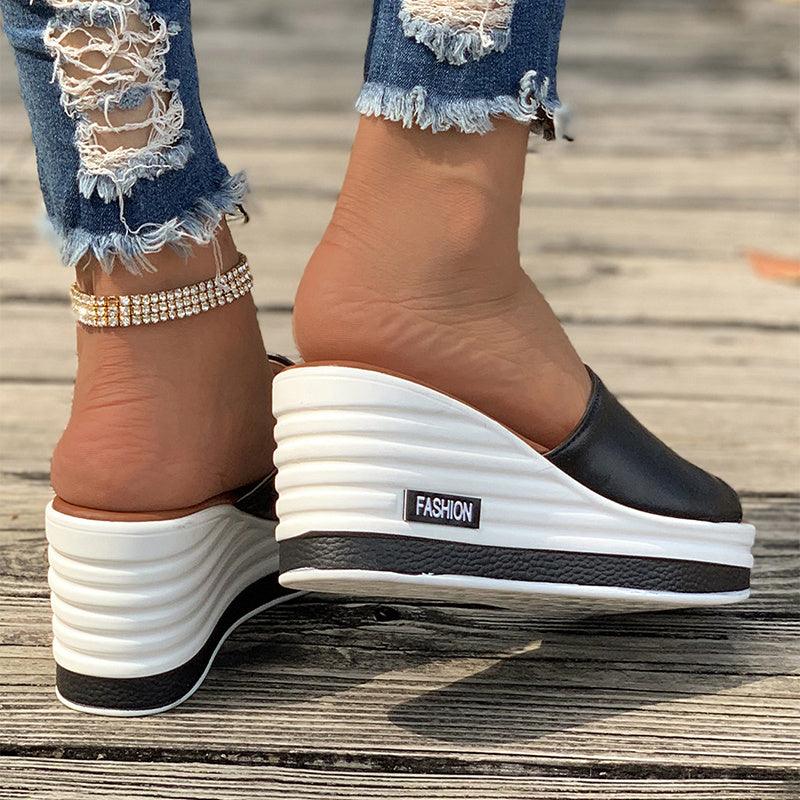 Fish Mouth Wedges Sandals Summer Fashion Hollow Design High Heels Slides Slippers Casual Beach Shoes For Women - fadidesign