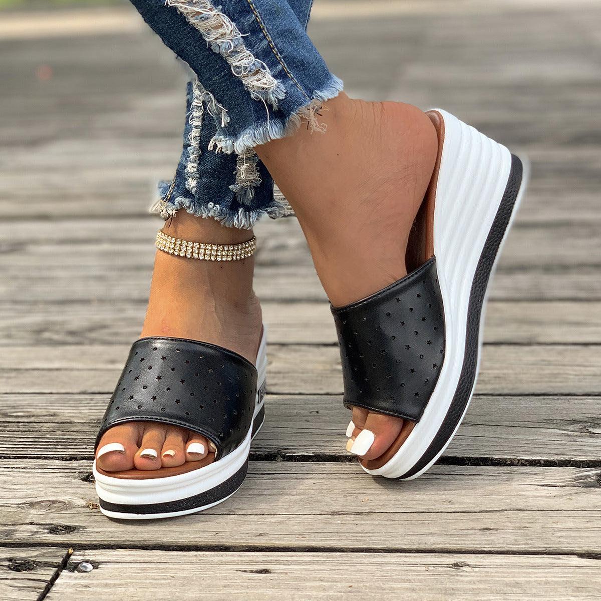 Fish Mouth Wedges Sandals Summer Fashion Hollow Design High Heels Slides Slippers Casual Beach Shoes For Women - fadidesign