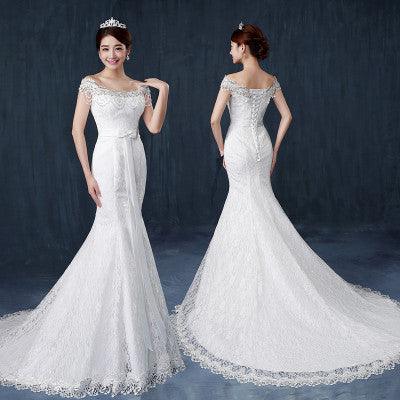 Fishtail wedding bride wedding dress one word shoulder slim slimming small trailing studio wedding dress - fadidesign