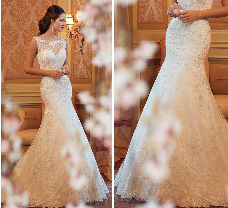 Fishtail Wedding Dress Sleeveless Lace Evening Dress - fadidesign