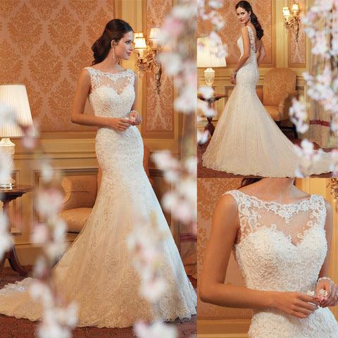 Fishtail Wedding Dress Sleeveless Lace Evening Dress - fadidesign