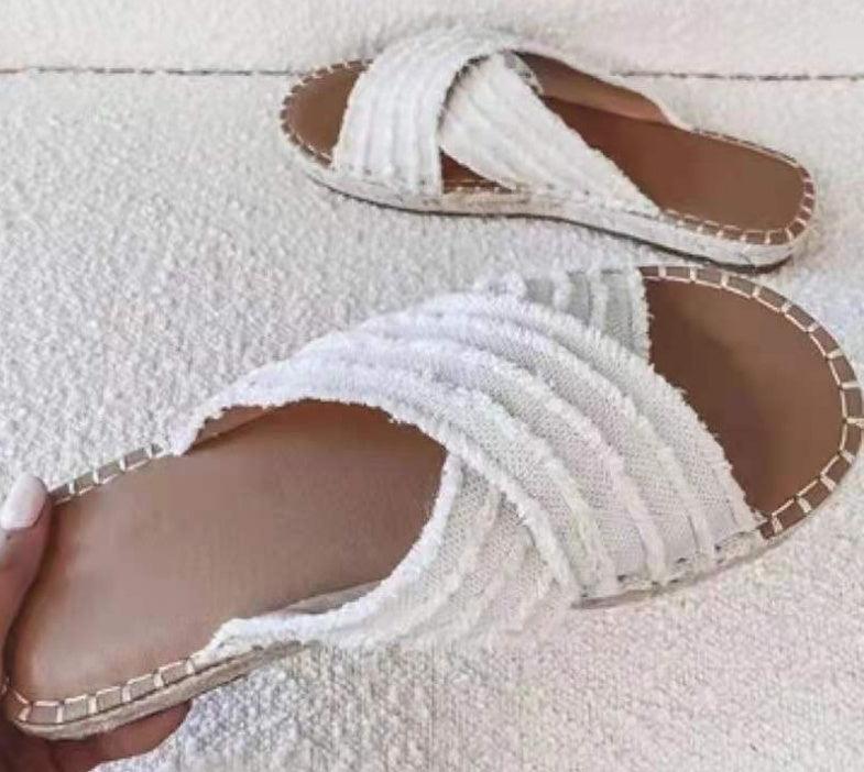 Flat Toe Tassel Plus Size Sandals Women One Word Flat Cross Slippers Women - fadidesign