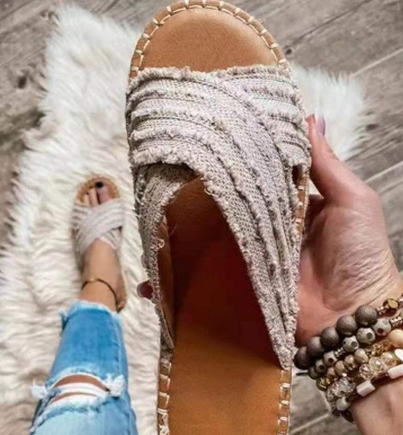 Flat Toe Tassel Plus Size Sandals Women One Word Flat Cross Slippers Women - fadidesign