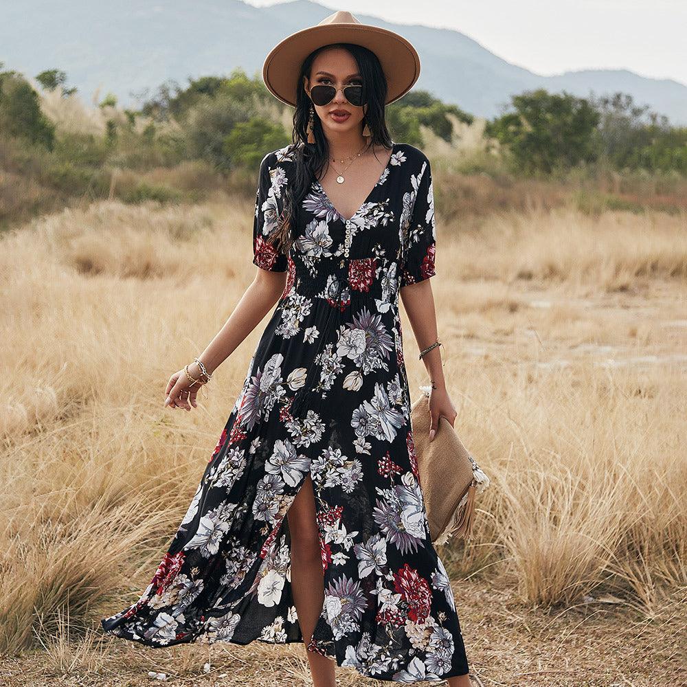 Floral Summer Beach Dress With V Neck Elastic Waist Dresses For Women - fadidesign