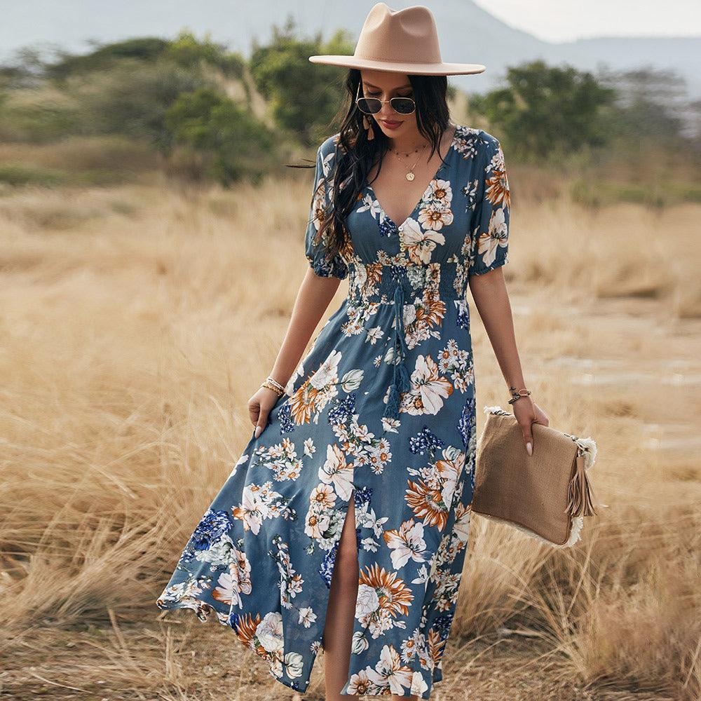 Floral Summer Beach Dress With V Neck Elastic Waist Dresses For Women - fadidesign