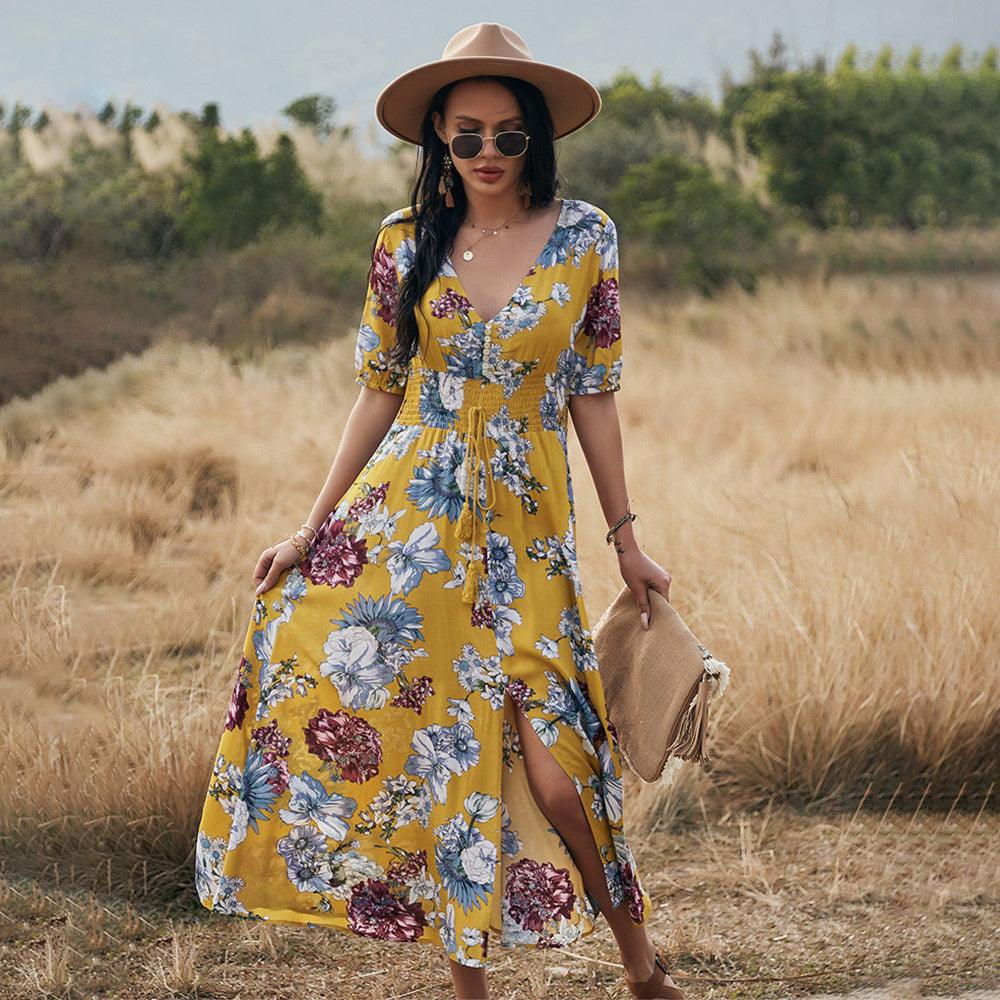 Floral Summer Beach Dress With V Neck Elastic Waist Dresses For Women - fadidesign