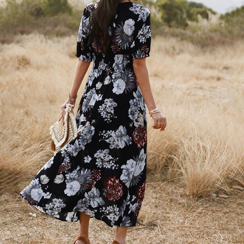 Floral Summer Beach Dress With V Neck Elastic Waist Dresses For Women - fadidesign