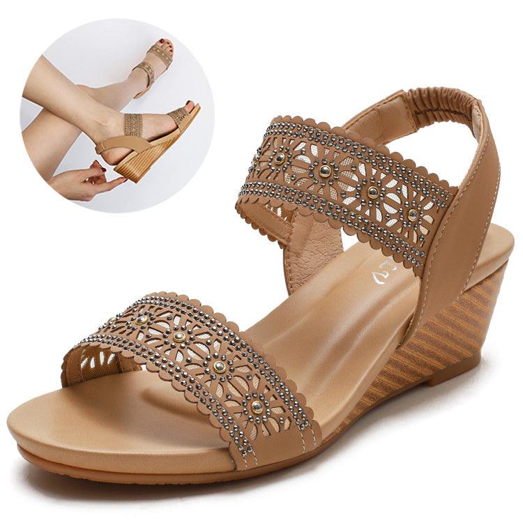 Flower Hollow Out Sandals With Rhinestones Wedges Shoes Women - fadidesign