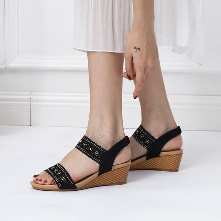 Flower Hollow Out Sandals With Rhinestones Wedges Shoes Women - fadidesign