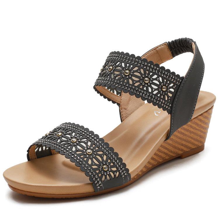 Flower Hollow Out Sandals With Rhinestones Wedges Shoes Women - fadidesign