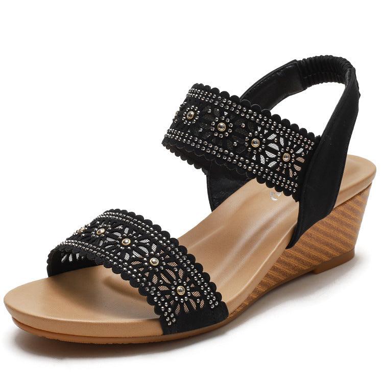 Flower Hollow Out Sandals With Rhinestones Wedges Shoes Women - fadidesign