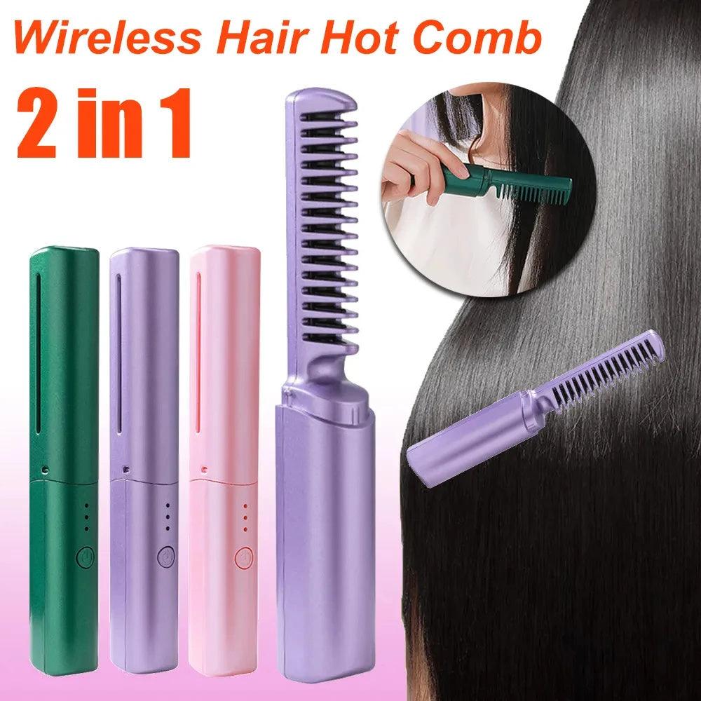 Professional Wireless Hair Straightener Curler Comb Fast Heating Negative Ion Straightening Curling Brush Hair Styling Tools - fadidesign